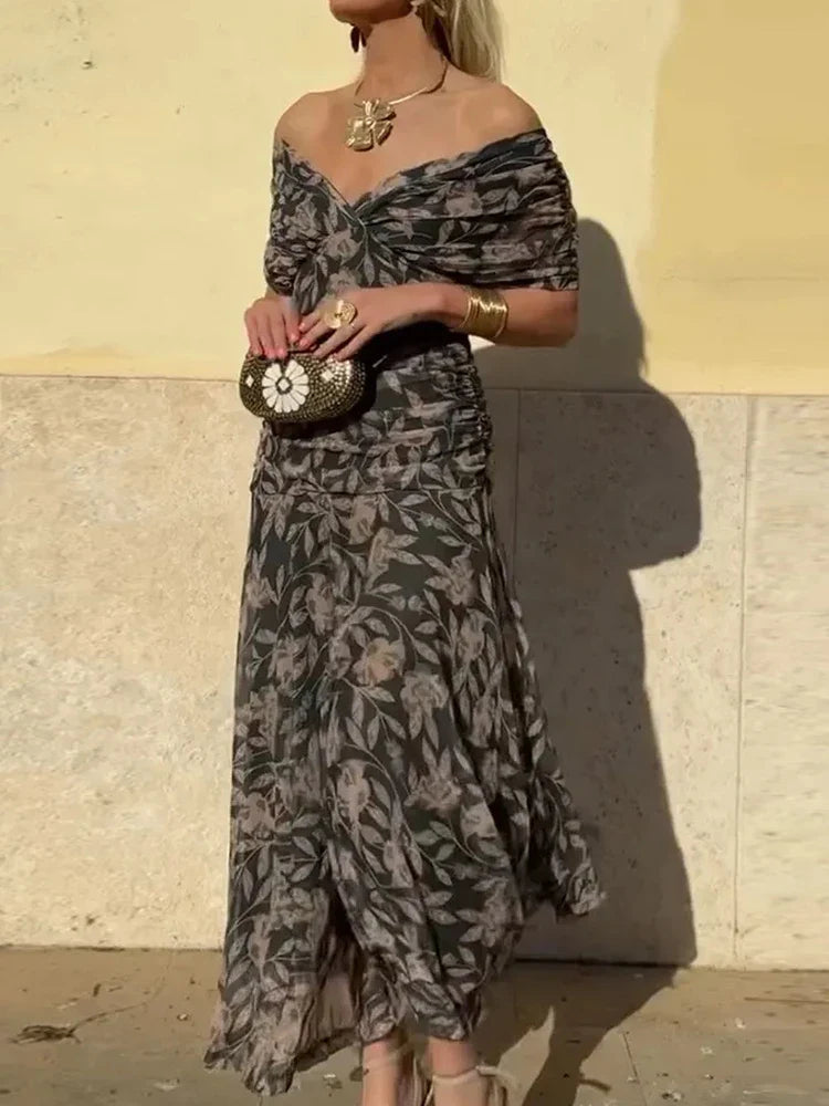 Women's Floral Maxi Dress for Wedding Guests with Off-the-Shoulder Neckline and Ruched Waist