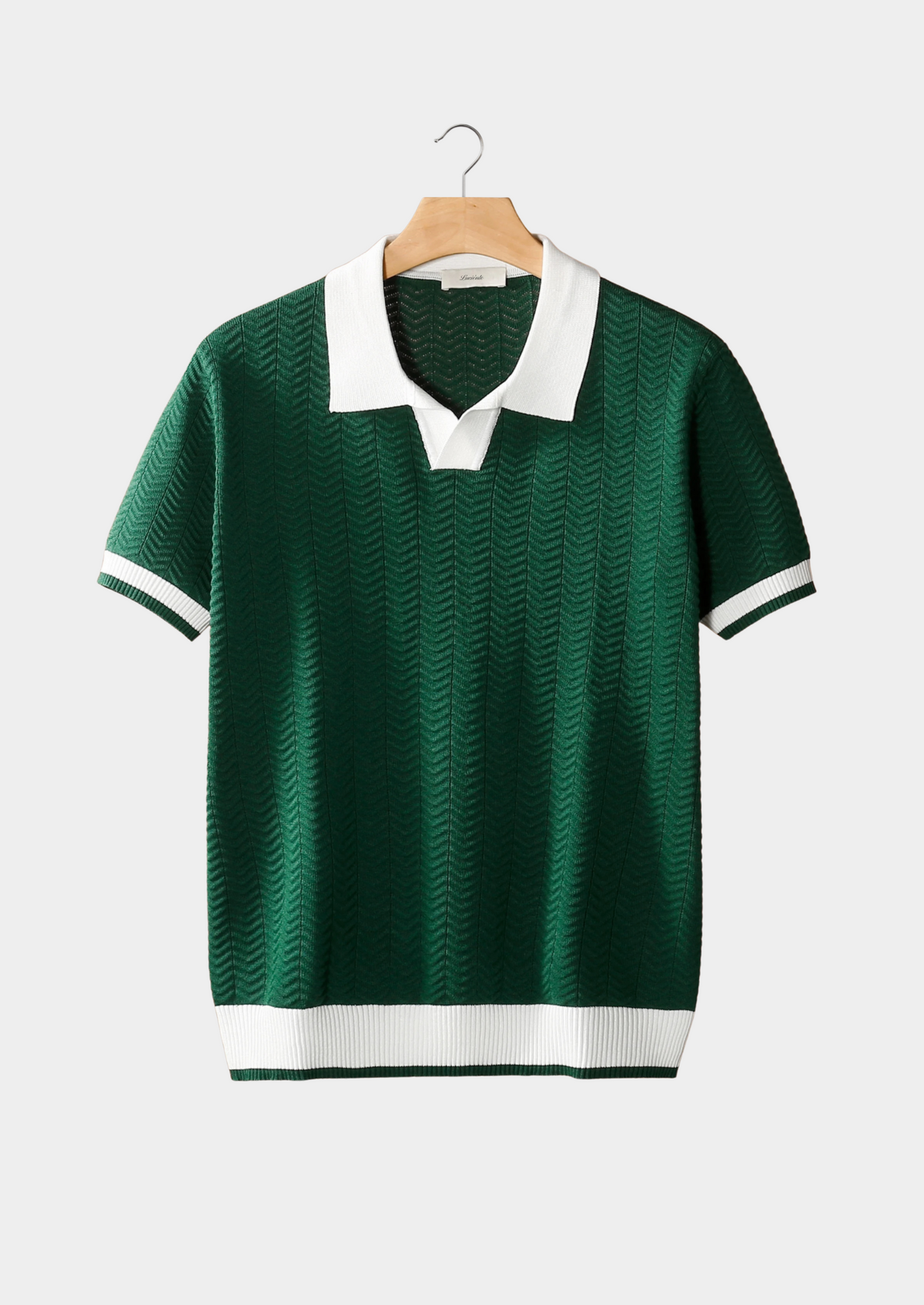 Men's Regular Fit Knit Polo Shirt - Herringbone Knit, Open Collar, Lightweight - Green