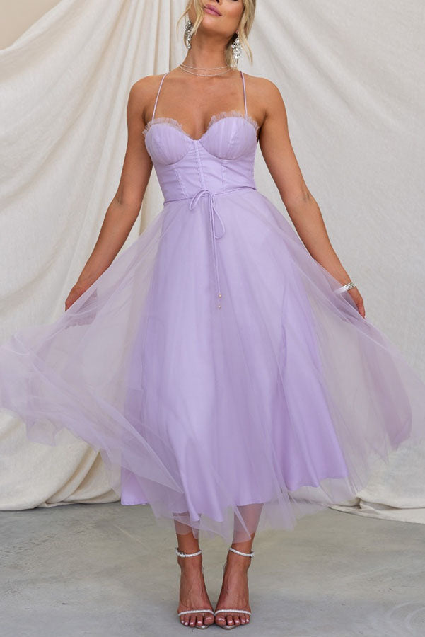 Ladies' corset midi dress with heart-shaped neckline and tulle skirt
