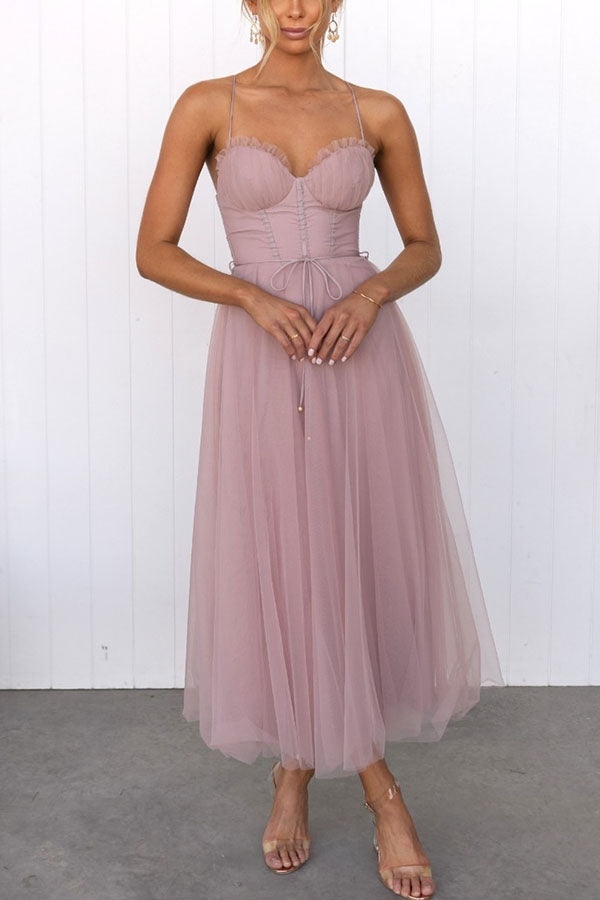 Ladies' corset midi dress with heart-shaped neckline and tulle skirt