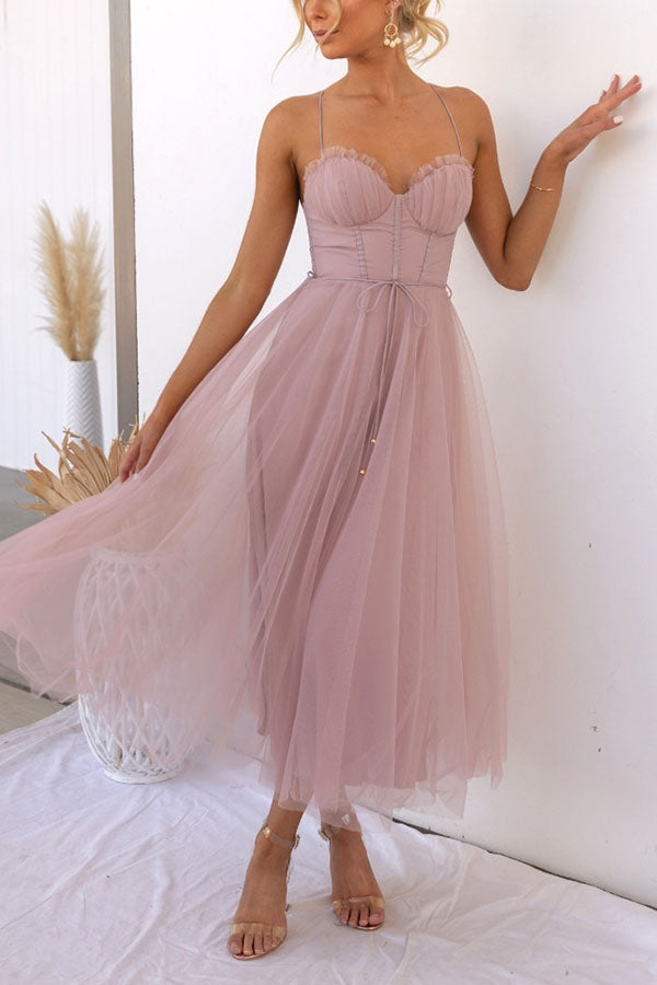 Ladies' corset midi dress with heart-shaped neckline and tulle skirt