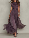 Women's Short-Sleeve Keyhole Maxi Dress with Flowing Chiffon Skirt