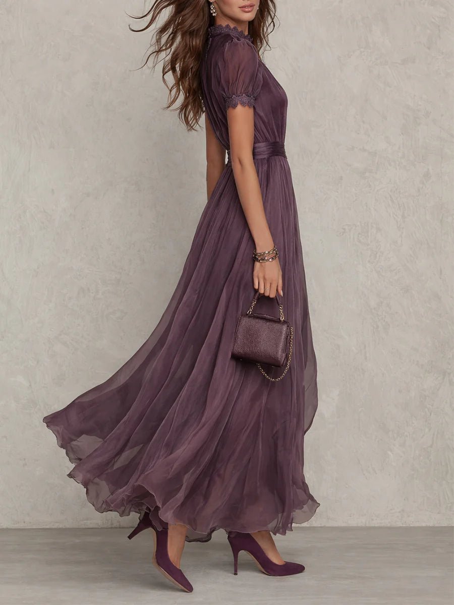 Women's Short-Sleeve Keyhole Maxi Dress with Flowing Chiffon Skirt