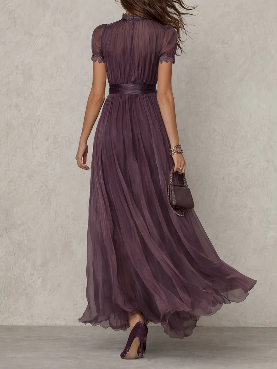 Women's Short-Sleeve Keyhole Maxi Dress with Flowing Chiffon Skirt