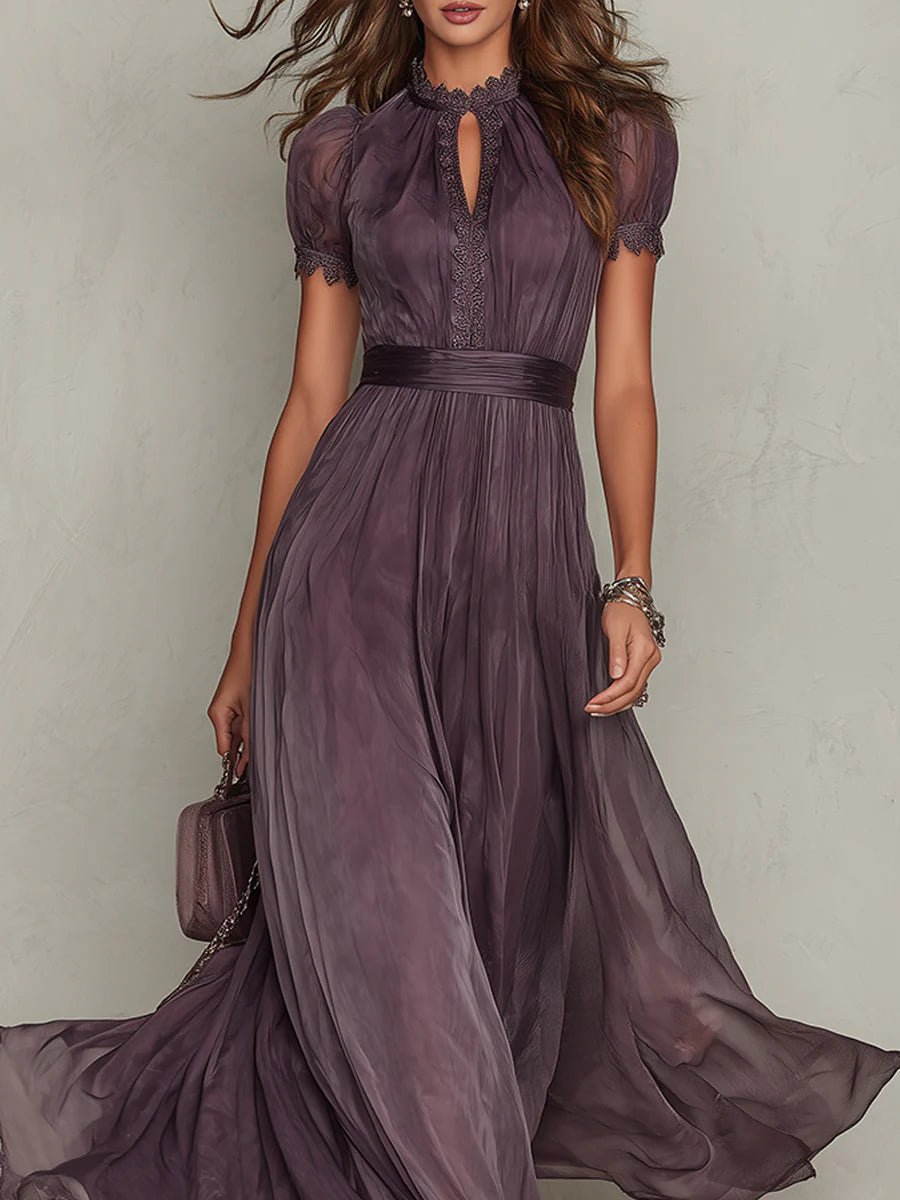 Women's Short-Sleeve Keyhole Maxi Dress with Flowing Chiffon Skirt