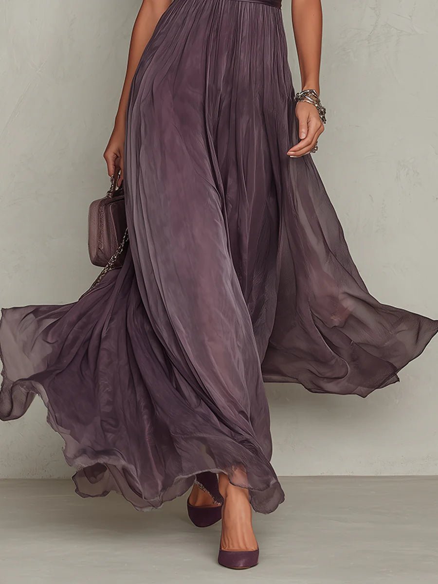 Women's Short-Sleeve Keyhole Maxi Dress with Flowing Chiffon Skirt