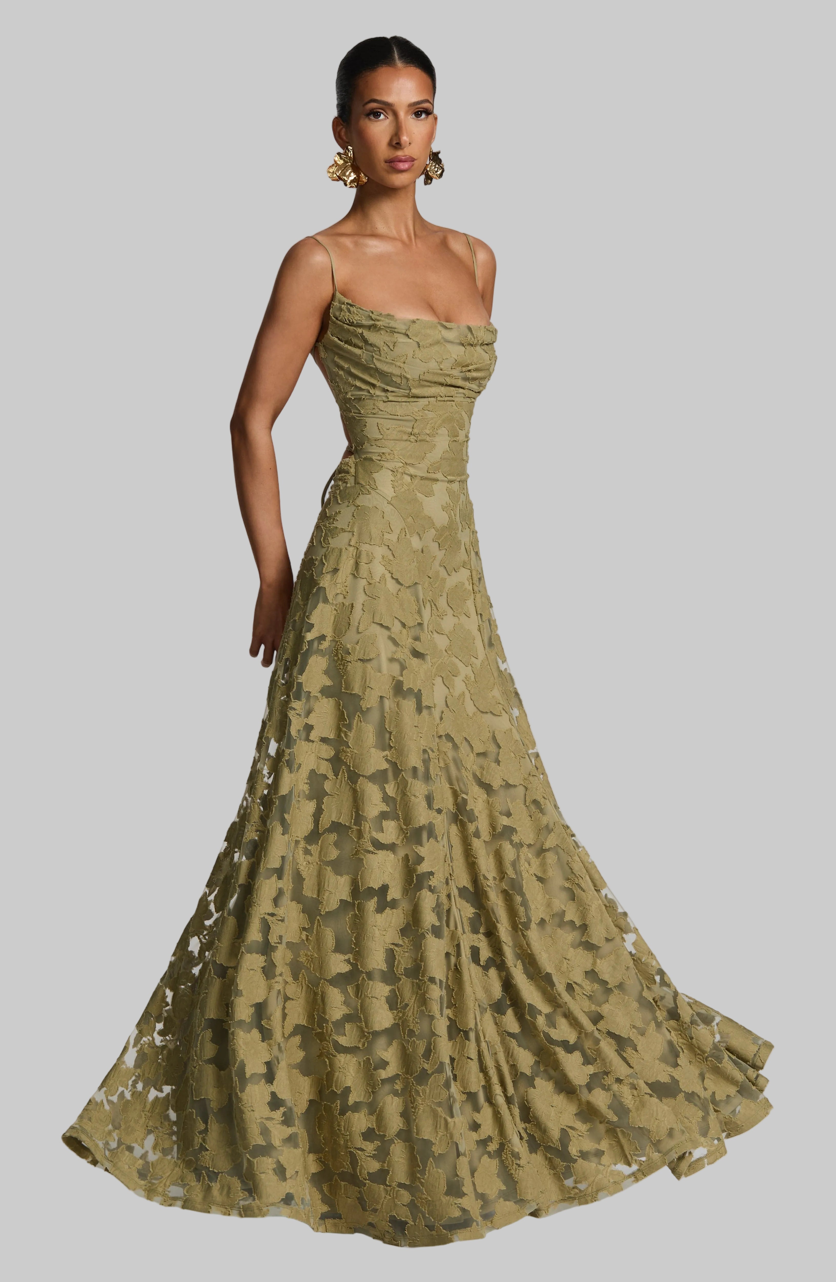 Ladies' maxi dress with waterfall neckline, spaghetti straps, floral pattern, and lace-up back