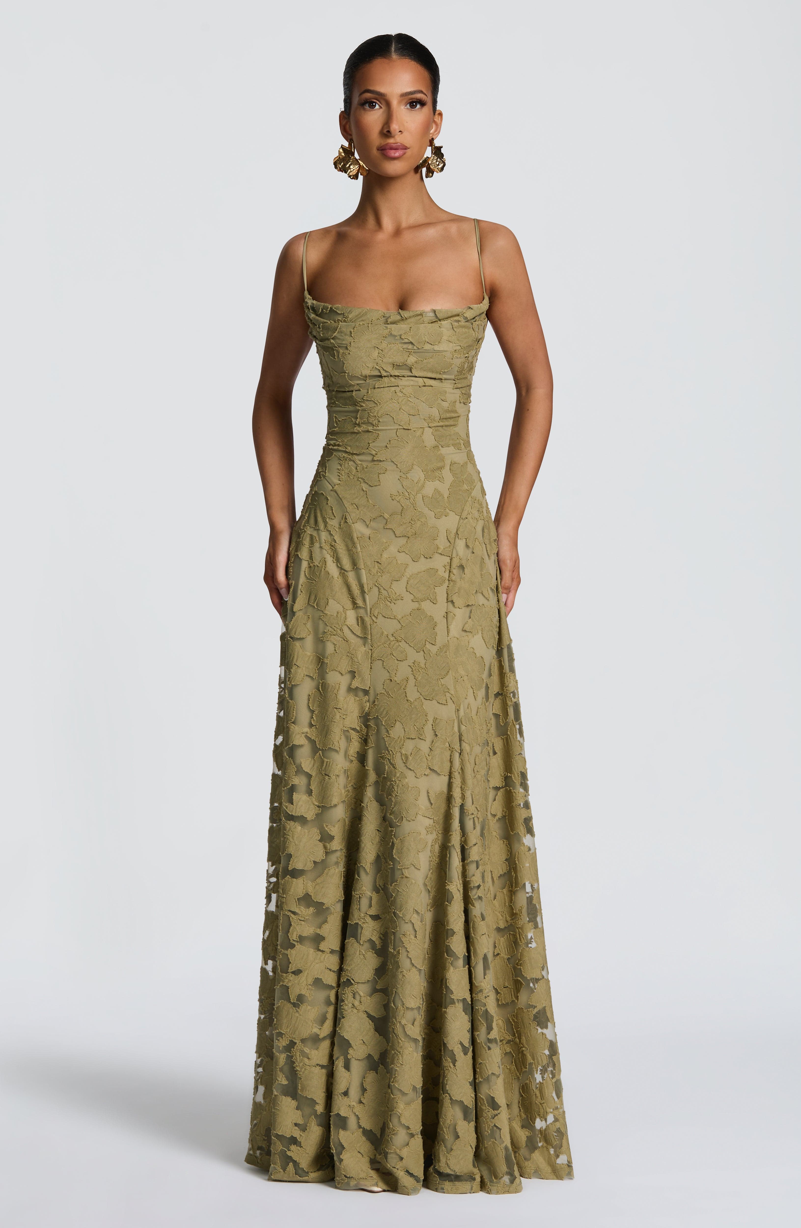 Ladies' maxi dress with waterfall neckline, spaghetti straps, floral pattern, and lace-up back