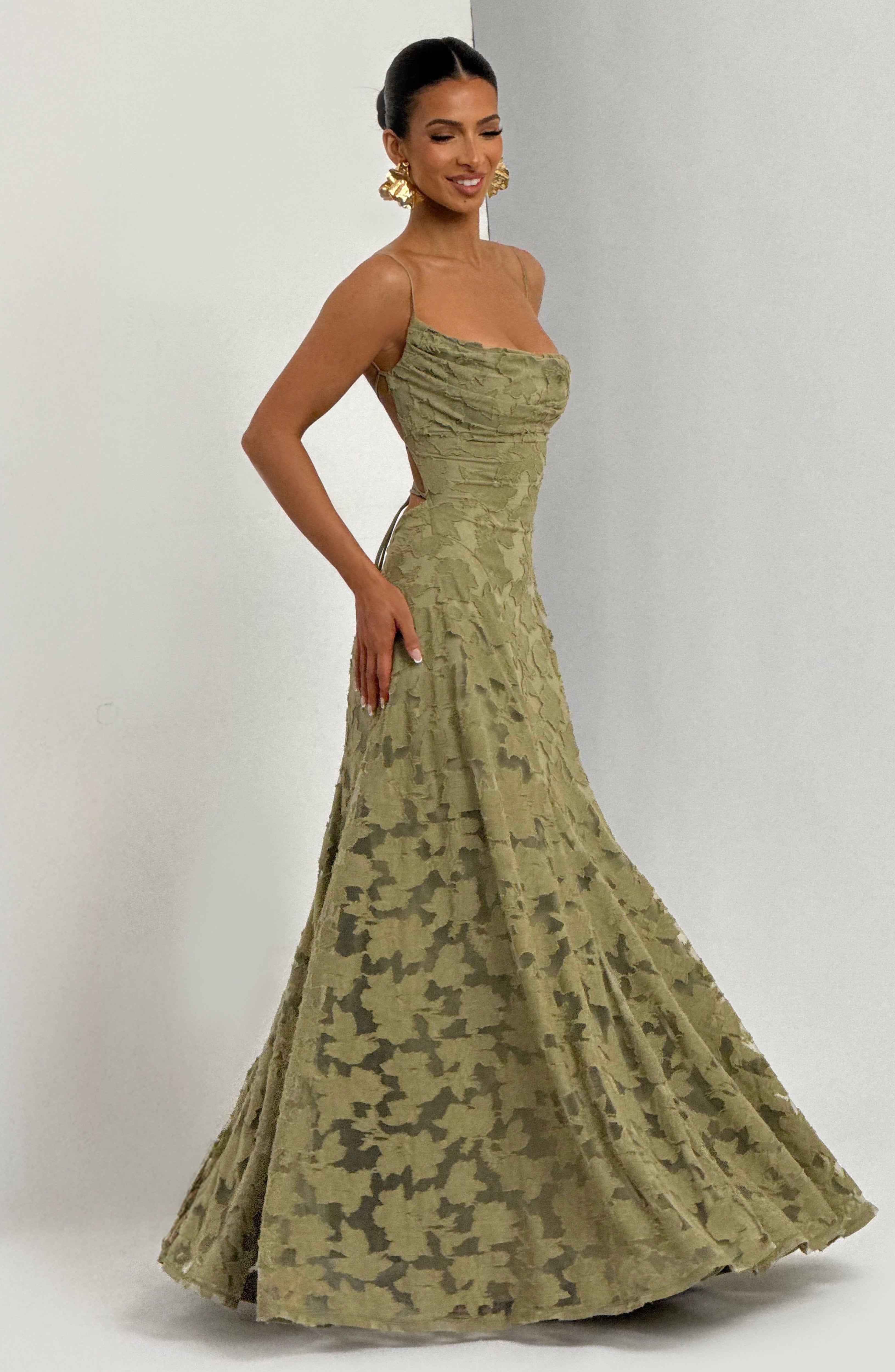 Ladies' maxi dress with waterfall neckline, spaghetti straps, floral pattern, and lace-up back
