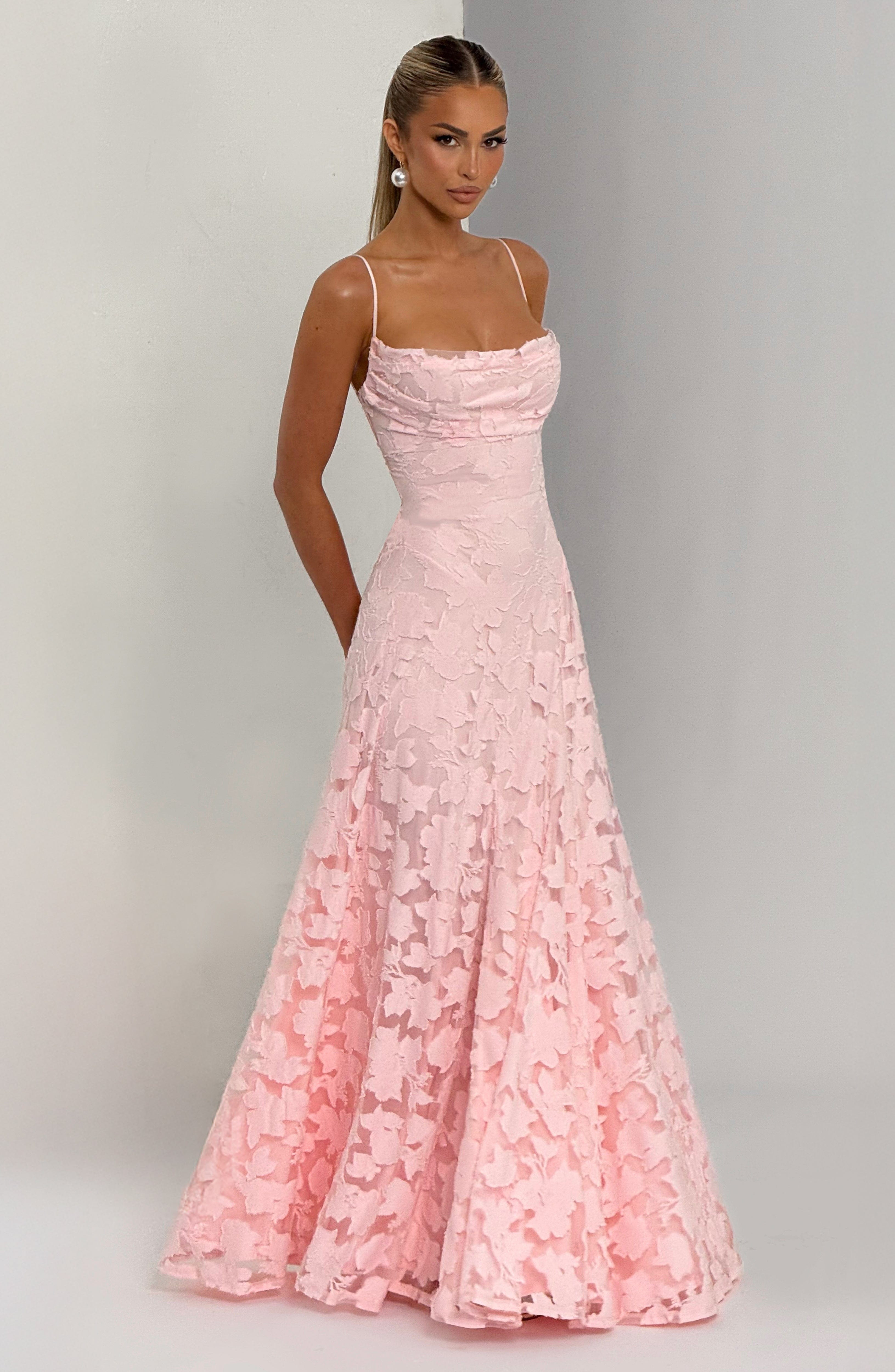 Ladies' maxi dress with waterfall neckline, spaghetti straps, floral pattern, and lace-up back