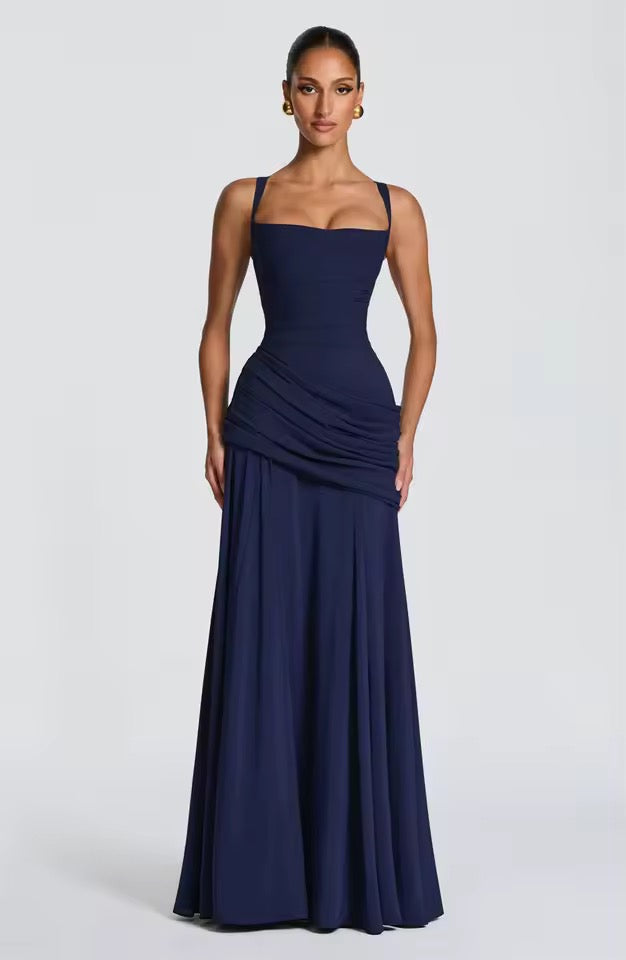 Ladies' Maxi Dress with Sweetheart Neckline and Asymmetrical Pleating