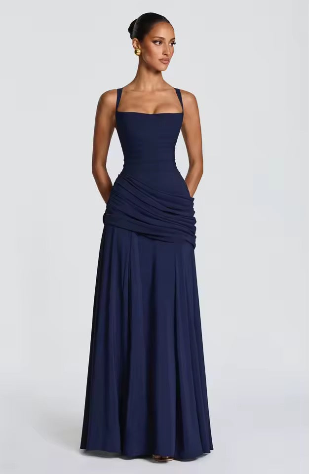 Ladies' Maxi Dress with Sweetheart Neckline and Asymmetrical Pleating