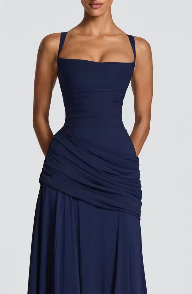 Ladies' Maxi Dress with Sweetheart Neckline and Asymmetrical Pleating