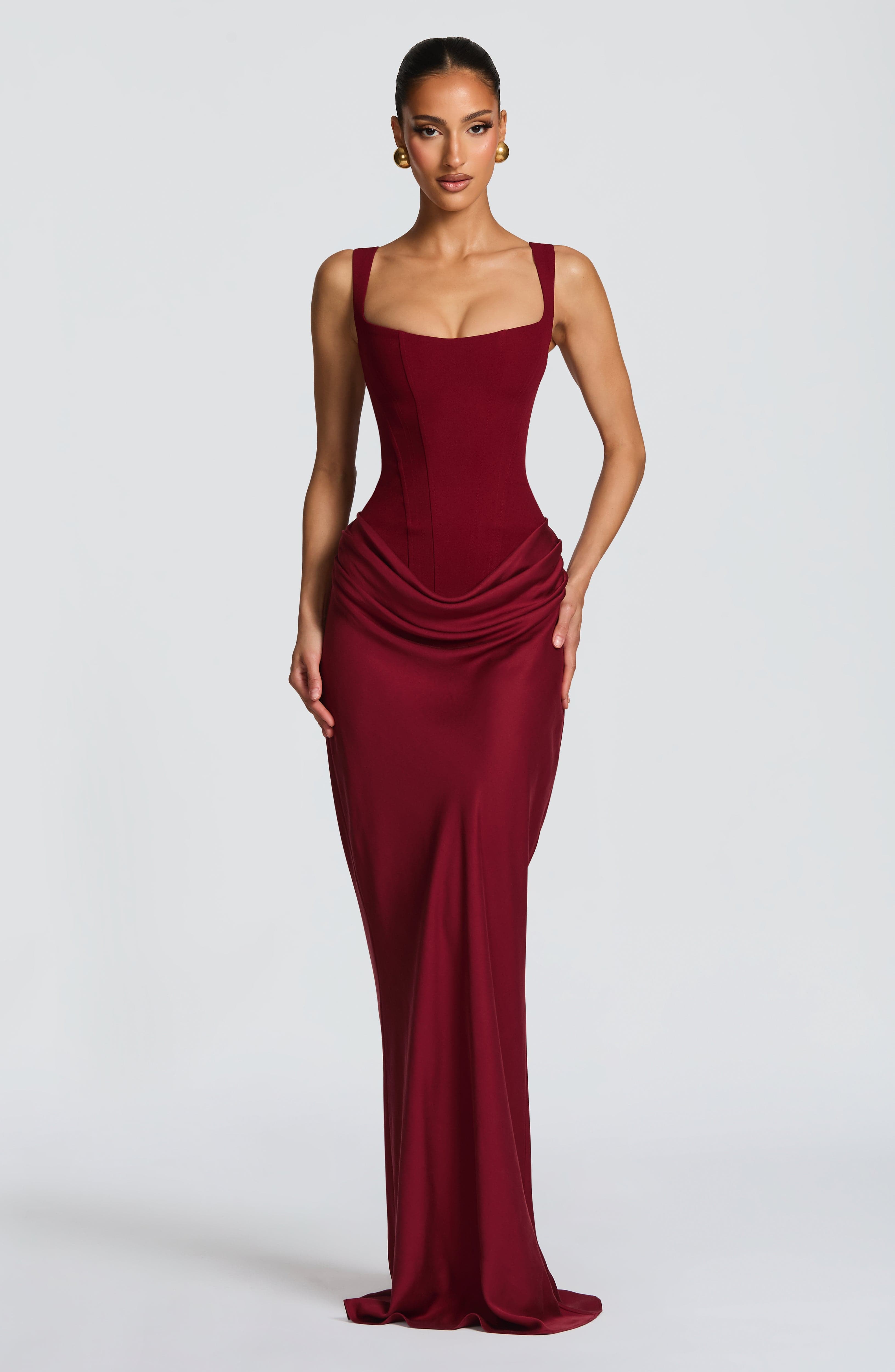 Ladies' maxi dress with corset top and wide shoulder straps