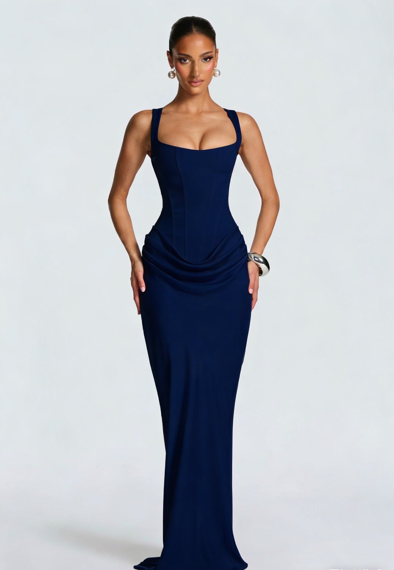 Ladies' maxi dress with corset top and wide shoulder straps
