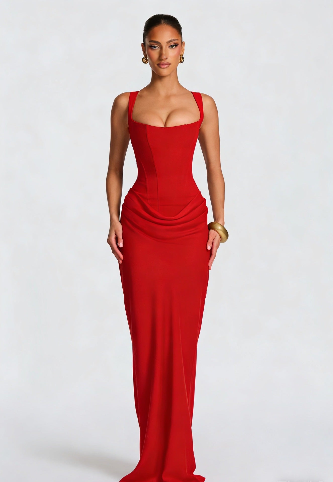 Ladies' maxi dress with corset top and wide shoulder straps