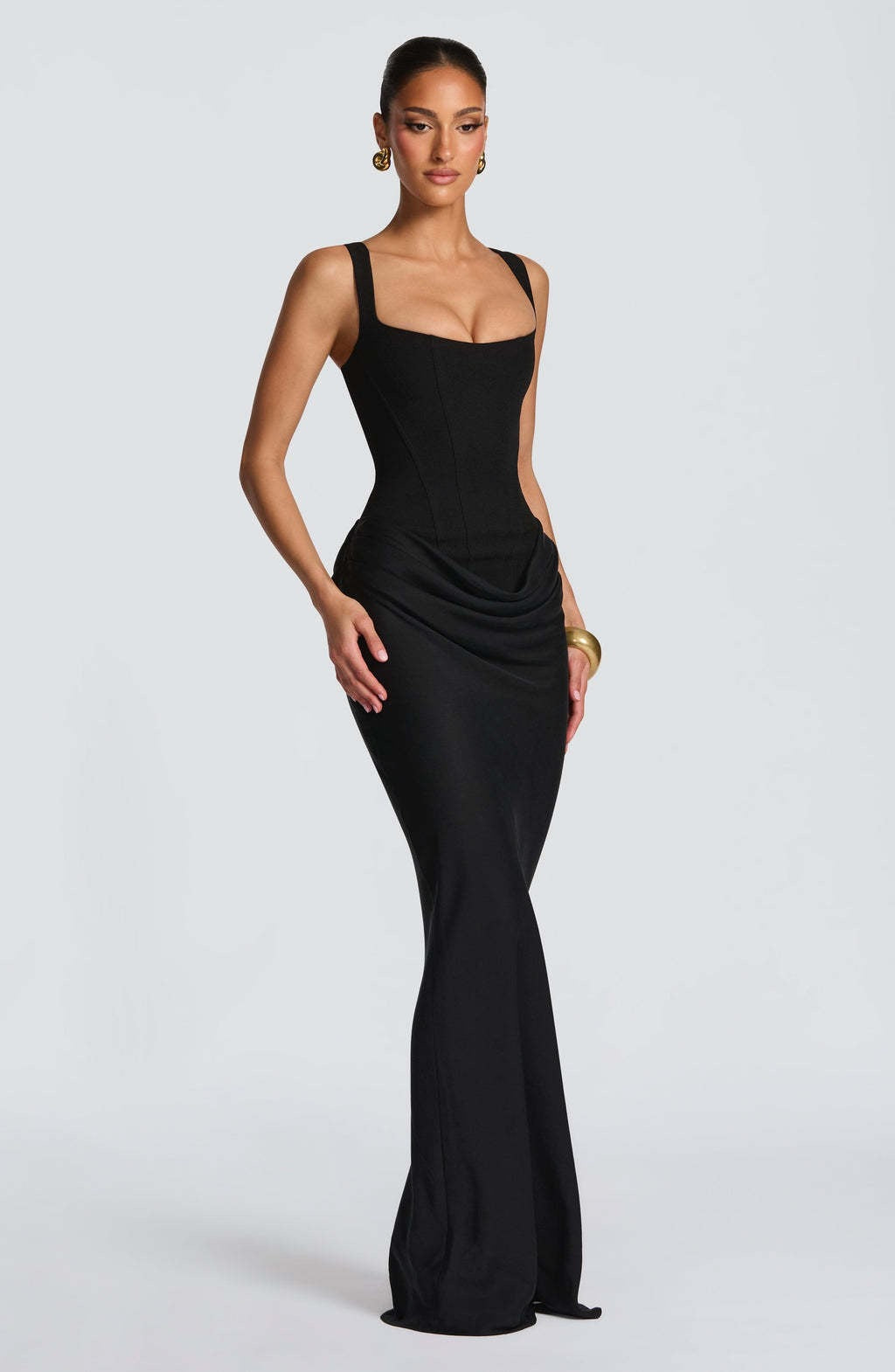 Ladies' maxi dress with corset top and wide shoulder straps