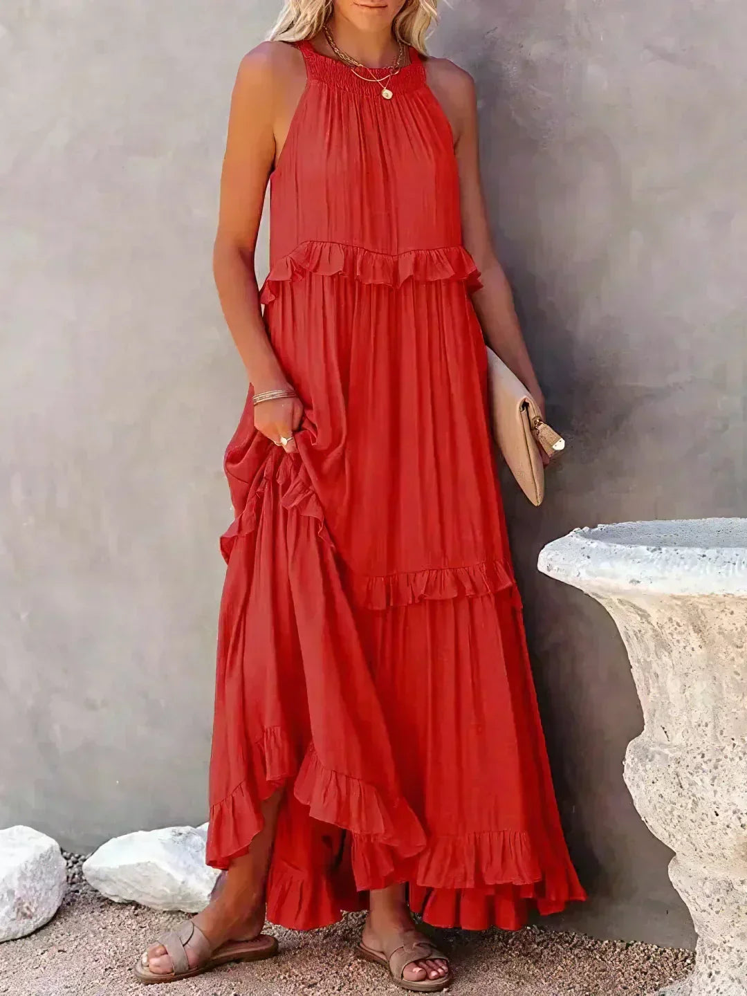 Delilah - Elegant Halter Neck Ruffle Trim Dress