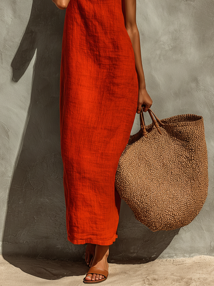 Red Linen Blend Spaghetti Strap Square Neck Maxi Dress