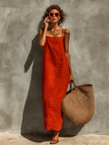 Red Linen Blend Spaghetti Strap Square Neck Maxi Dress