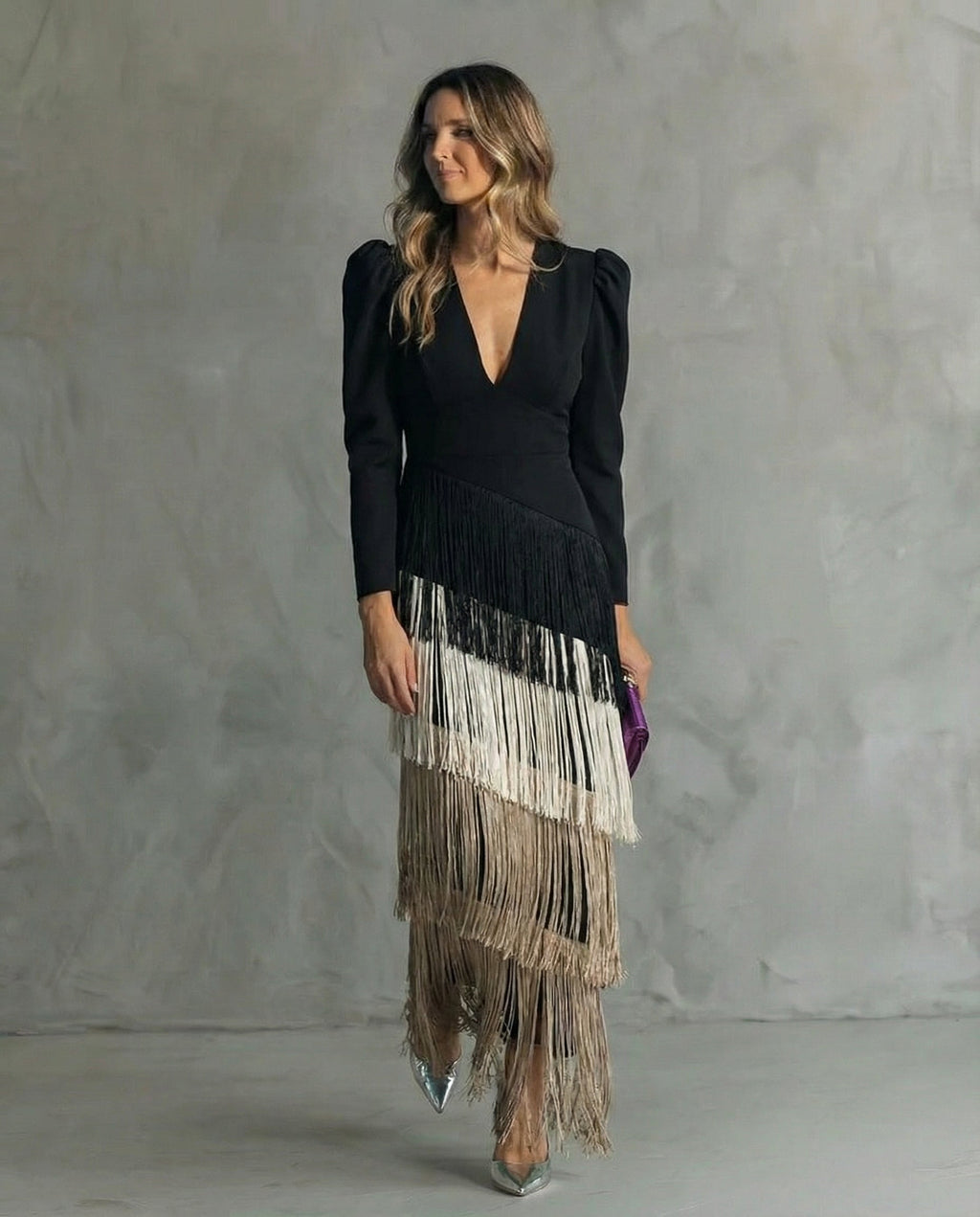 Serenva - Elegant Fringe-Sleeve Midi Dress