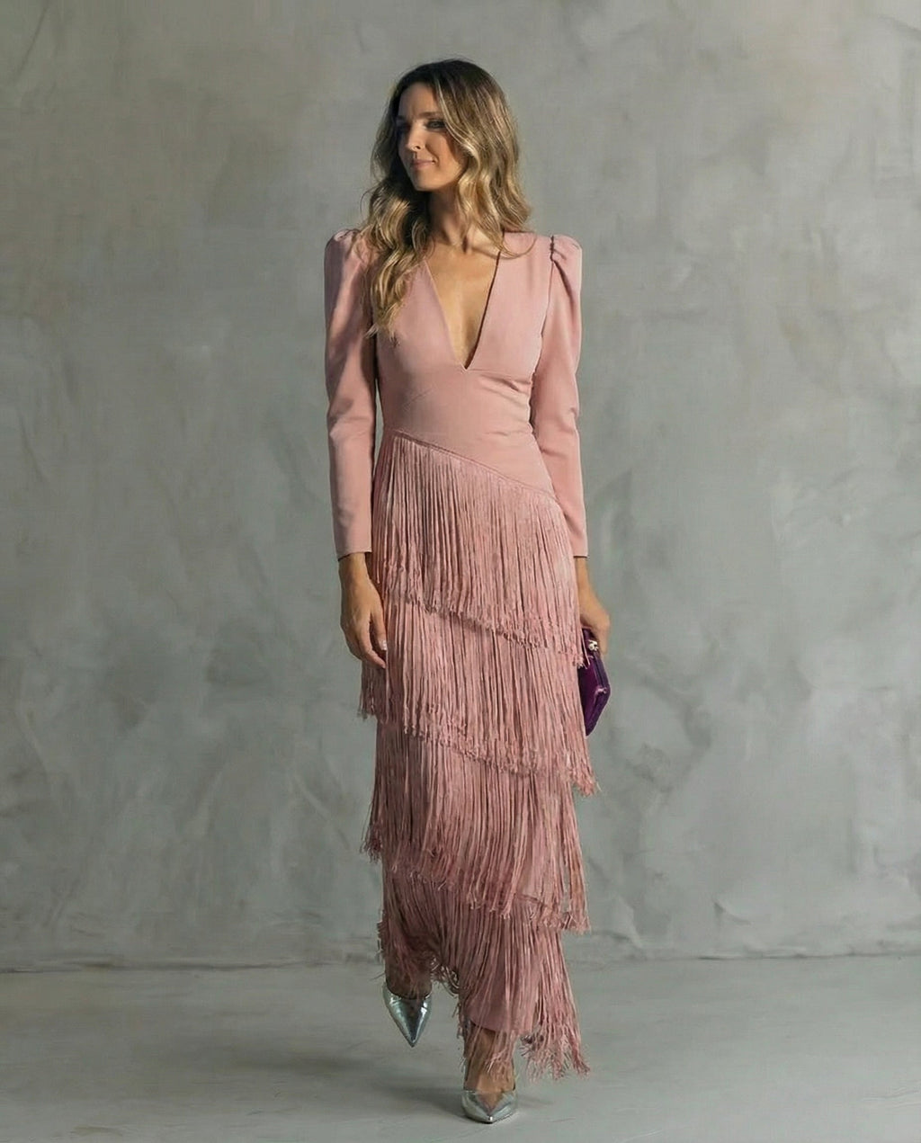 Serenva - Elegant Fringe-Sleeve Midi Dress