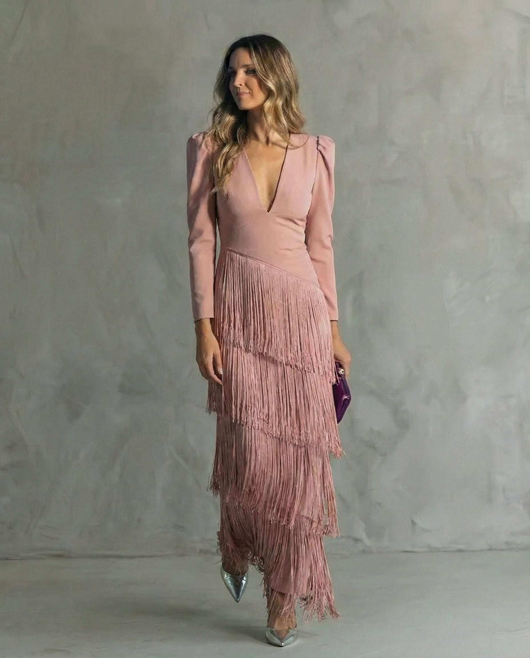 Serenva - Elegant Fringe-Sleeve Midi Dress