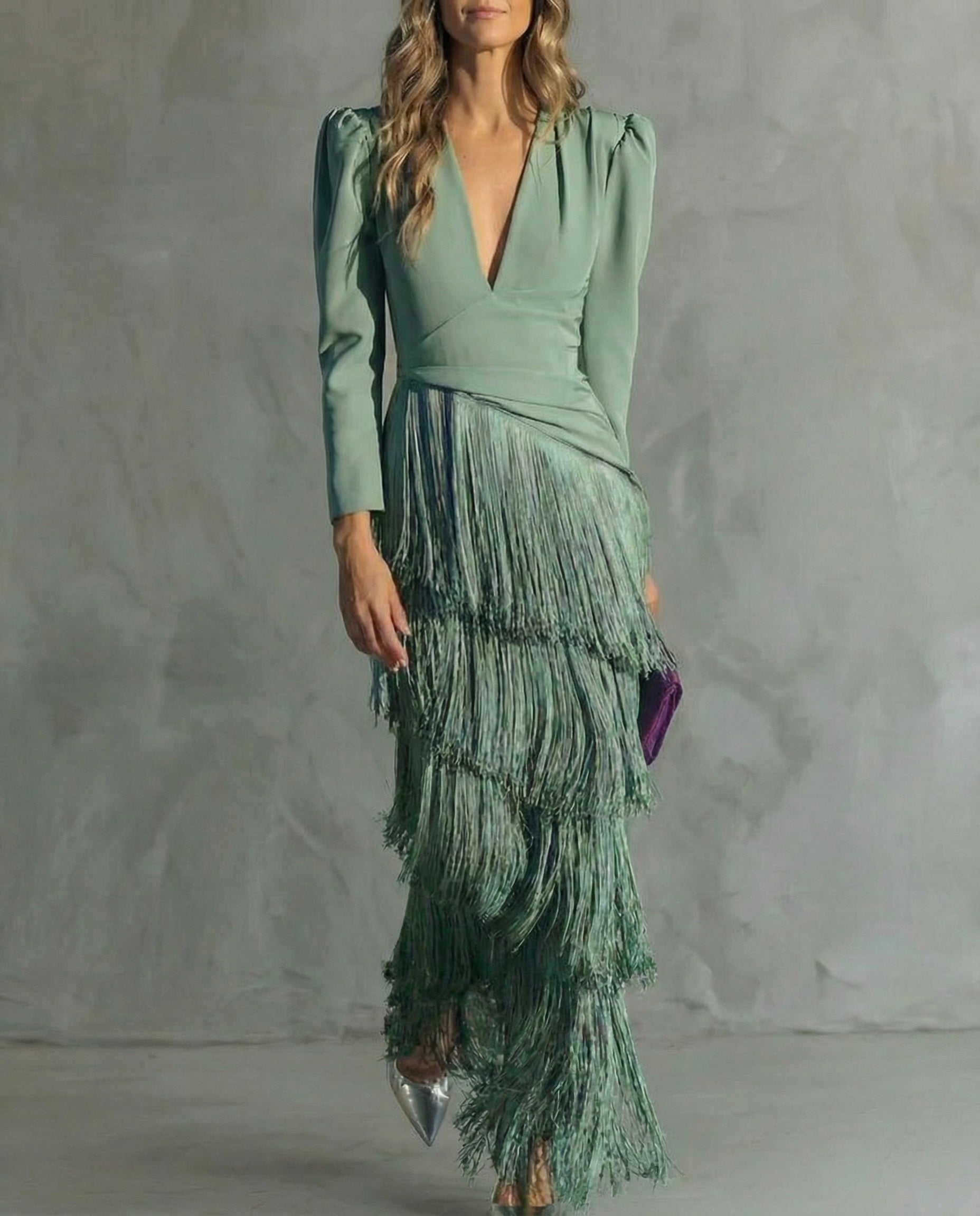 Serenva - Elegant Fringe-Sleeve Midi Dress